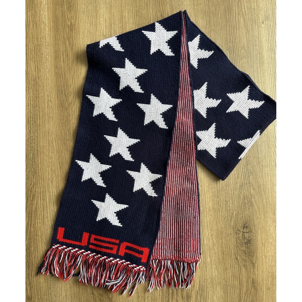 Vintage Knitmakers USA Red White and Blue Acrylic Knit Scarf with Stars - 9 x 80
